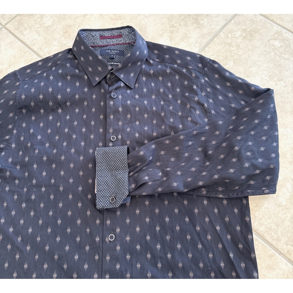 Ted Baker  Mens Sz 4 Large Geometric Long Sleeve Button Up Shirt Blue Flip Wrist